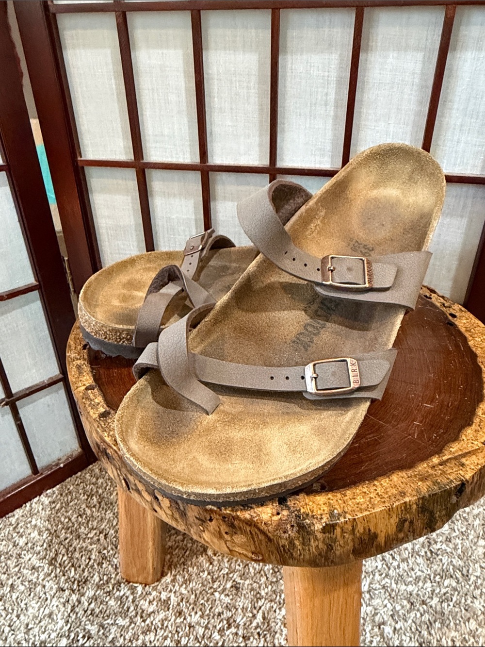 Birkenstock EUC 39 Gray Brown Two-Strap Cork Footbed Sandals
